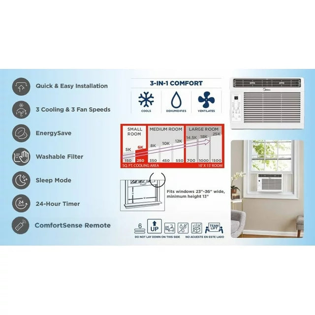 Midea 6,000 BTU 115V Window Air Conditioner with ComfortSense Remote, Up to 250 sq ft Coverage Area, Black, MAW06R1WWT