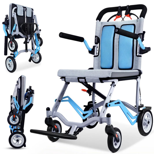 2023 Ultra Light Travel Wheelchair Weight Only 19lbs, Portable Folding Transport Wheelchair with Handbrakes, Blue