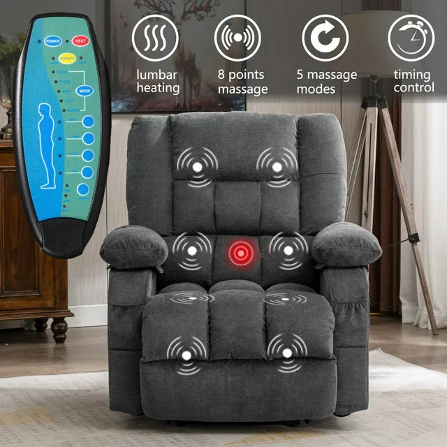 Power Lift Recliner Chair Sofa with Massage and Heat for Elderly, 3 Positions, 2 Side Pockets, USB Ports