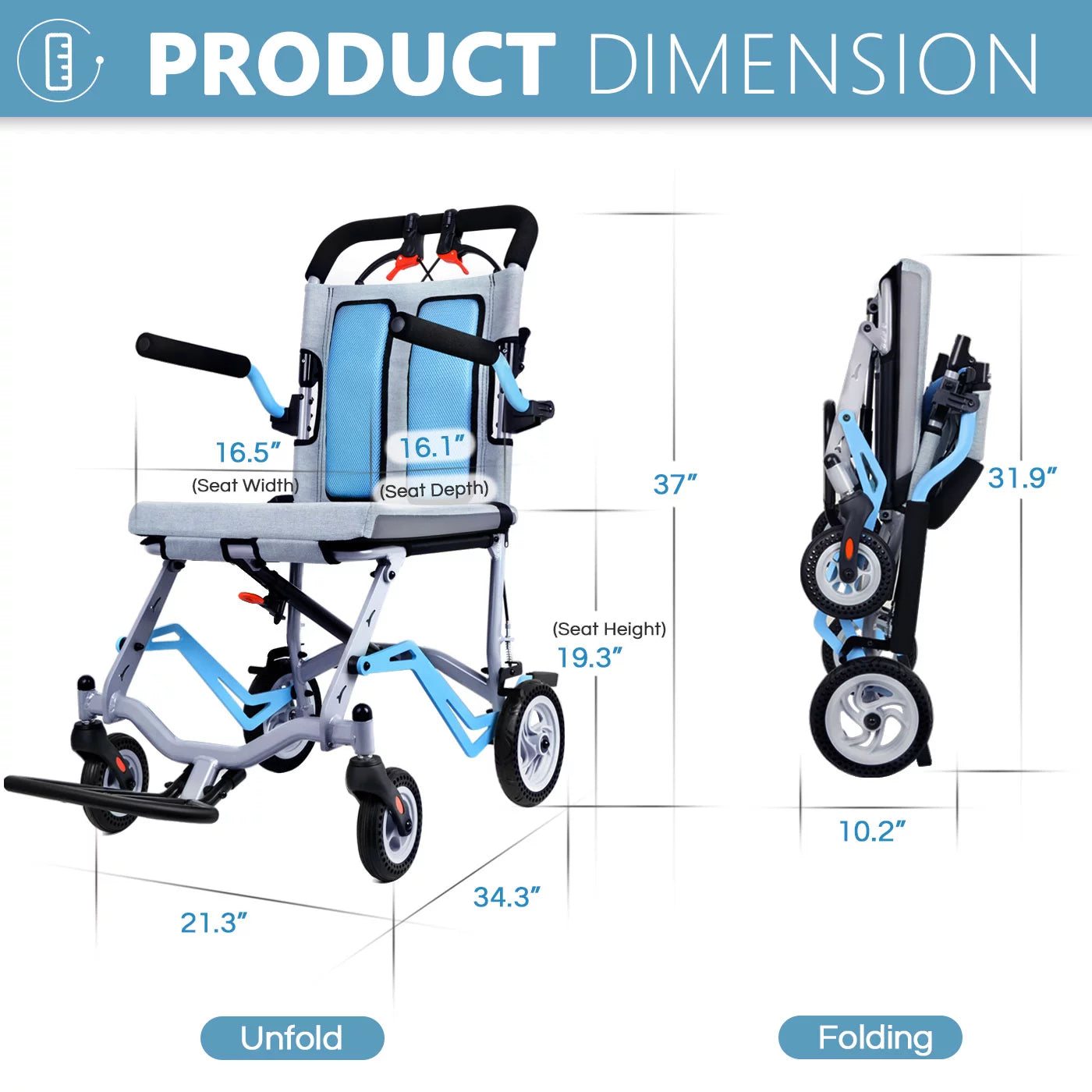 2023 Ultra Light Travel Wheelchair Weight Only 19lbs, Portable Folding Transport Wheelchair with Handbrakes, Blue