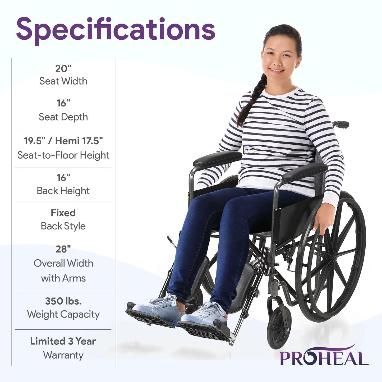 ProHeal Premium Wheelchair with Removable Desk Arms, Swing Away Foot Rests, 20" Seat