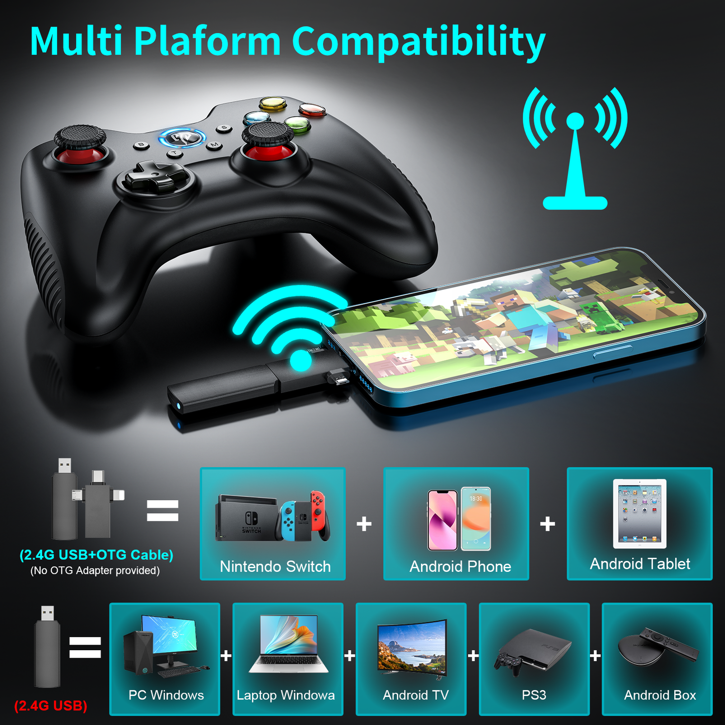 REDSTORM Wireless Gamepad PC Gaming Controller para PC/PS3/Android Smart TV/TV Box, Ergonomic Game Joystick, Preto