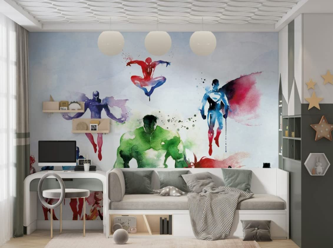 Muravie Marvel Heroes Wallpaper for Kids, Watercolor Effect Hulk Captain America Wonder Woman Wall Mural, Teenage Room Marvel Themed Wall Poster (Marvel Heroes)