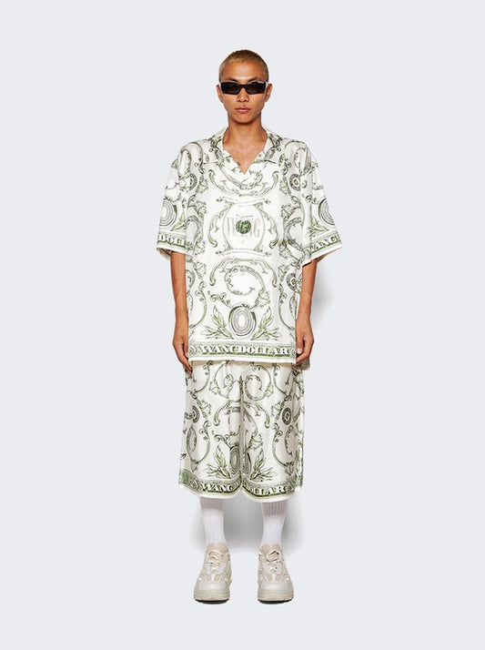 ALEXANDER WANG SILK MONEY PRINT BOXER SHORTS IVORY AND GREEN