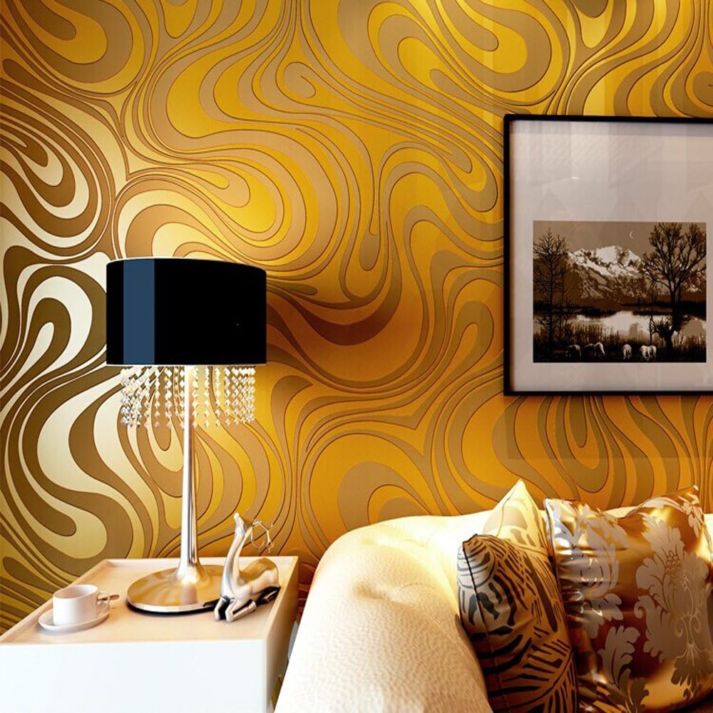 QIHANG Modern Abstract Curve 3D Wallpaper Roll Mural Papel De Parede Flocking for Striped Gold&Yellow Color Qh-Wallpaper