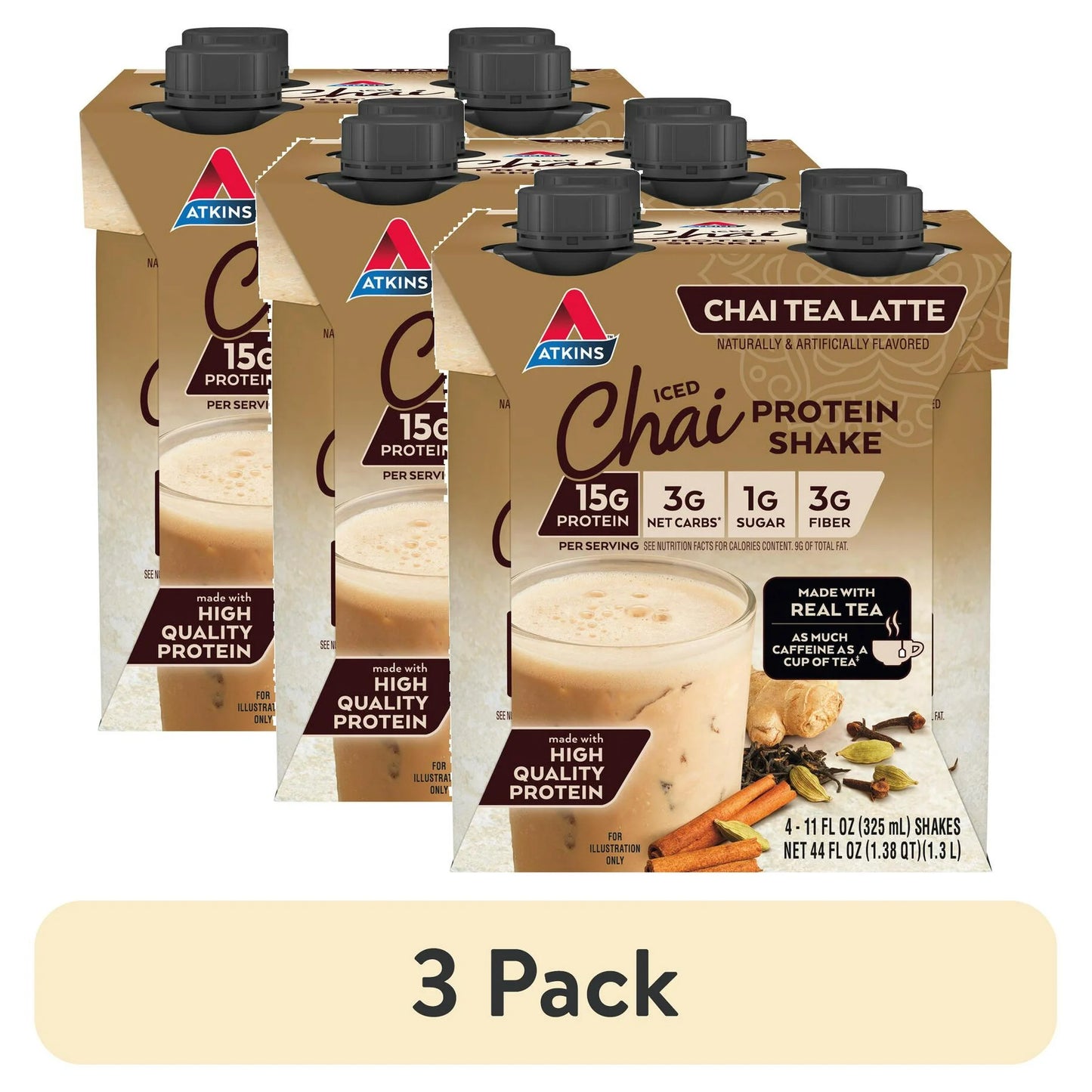 (3 pack) Atkins Protein-Rich Shake, Keto Friendly, 15g of Protein, Chai Latte, 4 Ct (Ready to Drink)