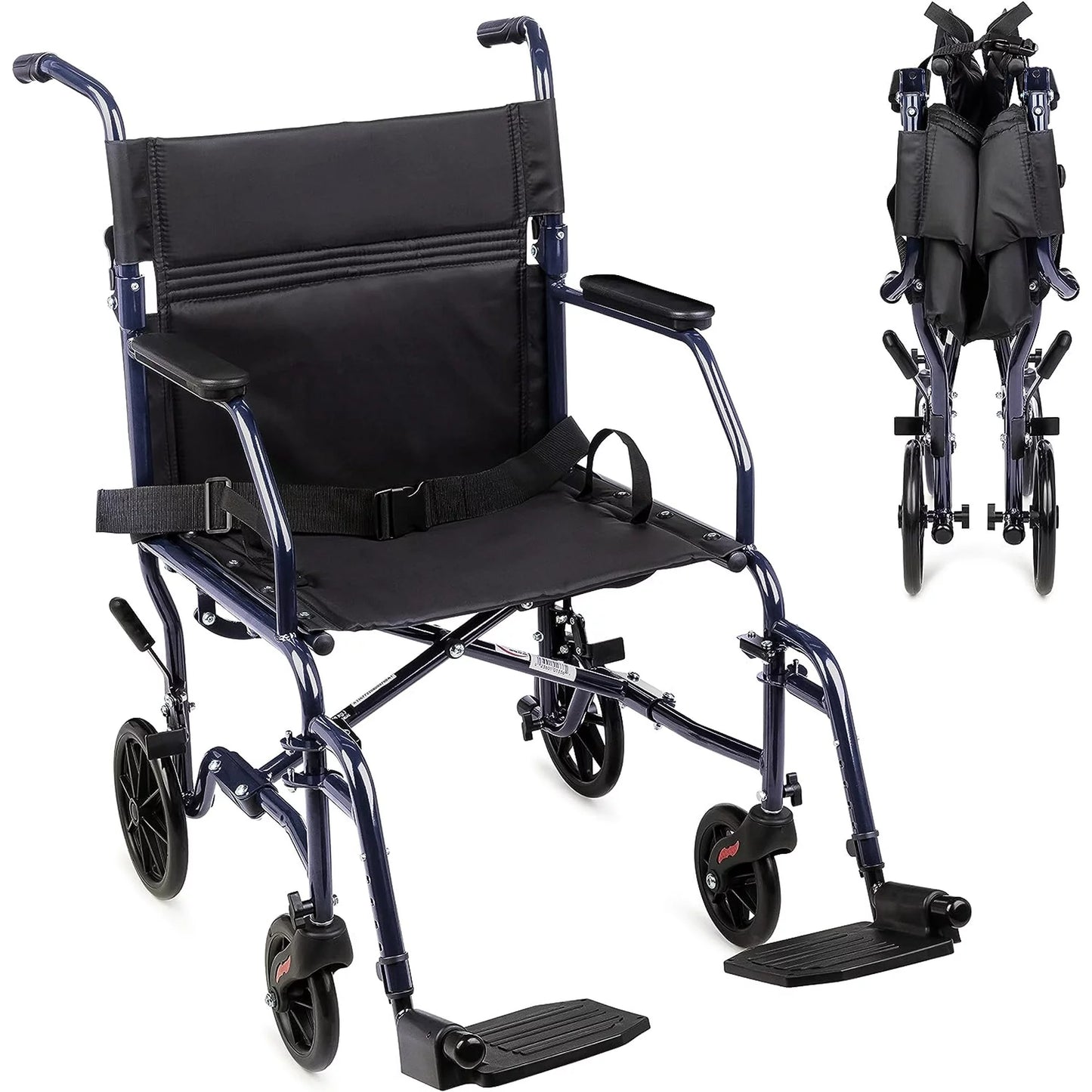 Carex Transport Wheelchair with 19-inch Seat, Folding Back and Swing-away Footrests, Blue, Steel