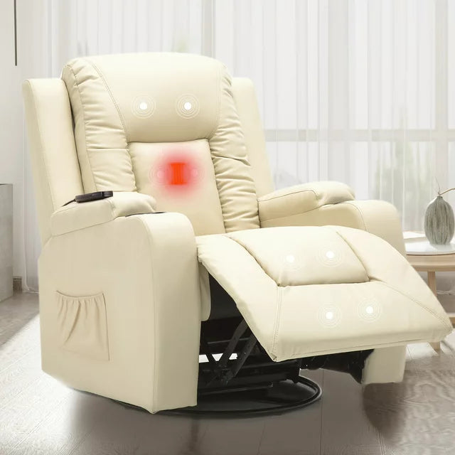 ComHoma Recliner Chair PU Leather Rocking Sofa with Heated Massage, Cream White