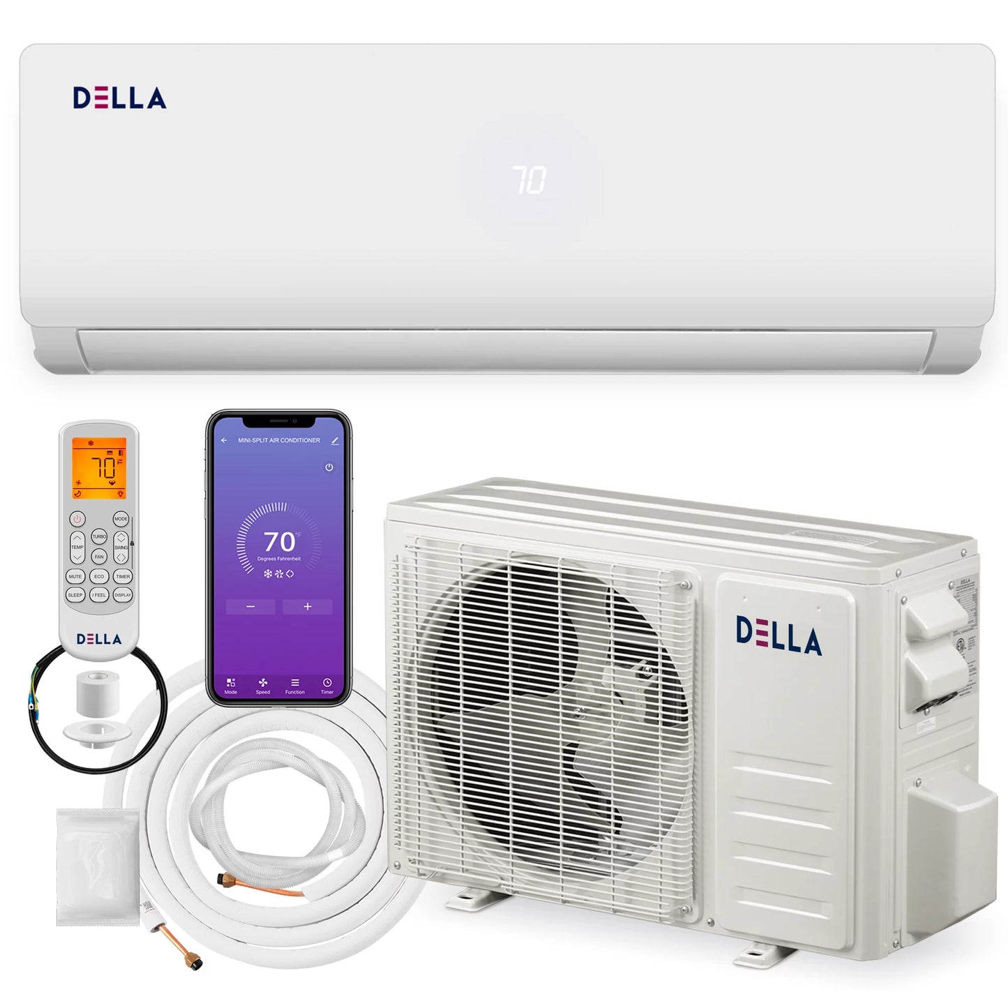 Della 12000 BTU 19 SEER Mini Split Air Conditioner Ductless Inverter System 208-230V with Heat Pump, WIFI Smart Control, Pre-Charged Condenser and 16.4-FT Installation Kit AHRI