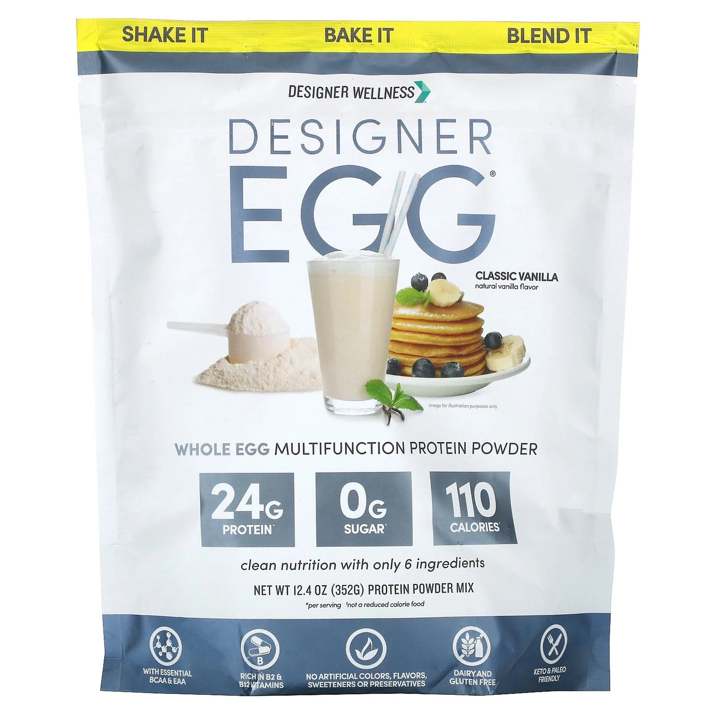 Designer Wellness , Designer Egg, Natural Egg Yolk & White Protein Powder, 24g Protein, Keto and Paleo Friendly, Less Fat and Cholesterol, Vanilla, 12.4 oz