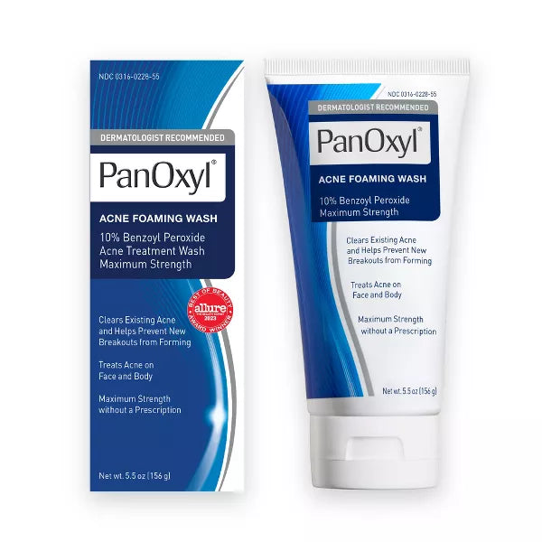 PanOxyl Maximum Strength Antimicrobial Acne Foaming Wash for Face, Chest and Back with 10% Benzoyl Peroxide - Unscented - 5.5oz