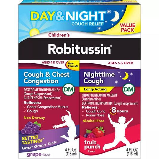 Children's Robitussin Day/Night Cough & Chest Congestion DM - Dextromethorphan - Grape & Fruit Punch Flavors - 4 fl oz/2pk