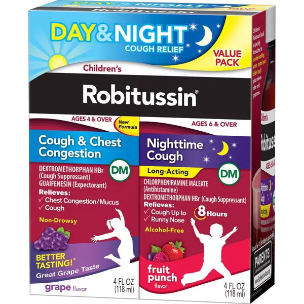 Children's Robitussin Day/Night Cough & Chest Congestion DM - Dextromethorphan - Grape & Fruit Punch Flavors - 4 fl oz/2pk