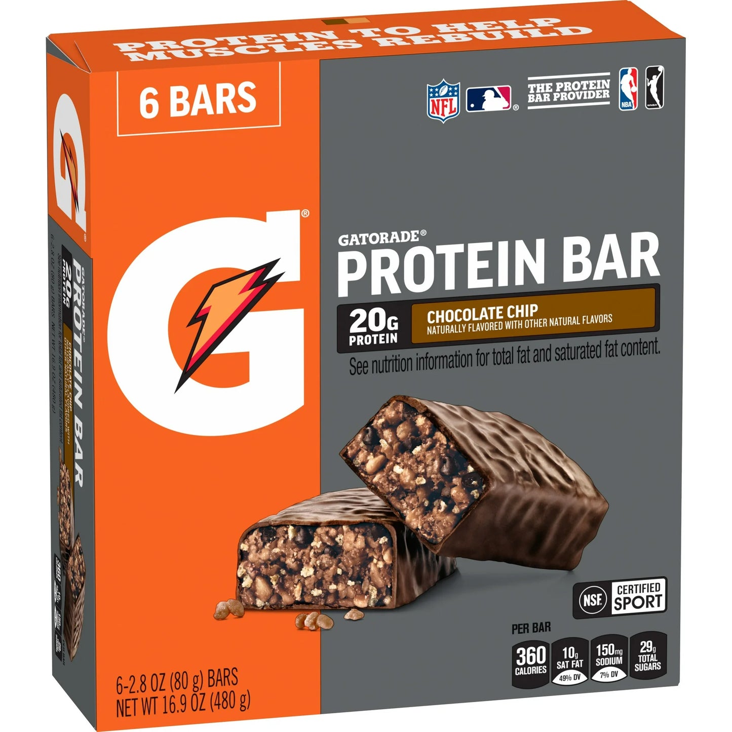 Gatorade Chocolate Chip Whey Protein Bars, 20g Protein, 6 Pack