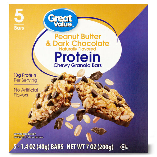 Great Value Chewy Protein Bar Peanut Butter & Dark Chocolate 10g Protein 5 Ct