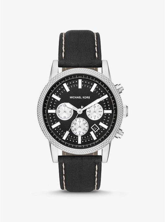 MICHAEL KORS -Oversized Hutton Silver-Tone and Leather Watch