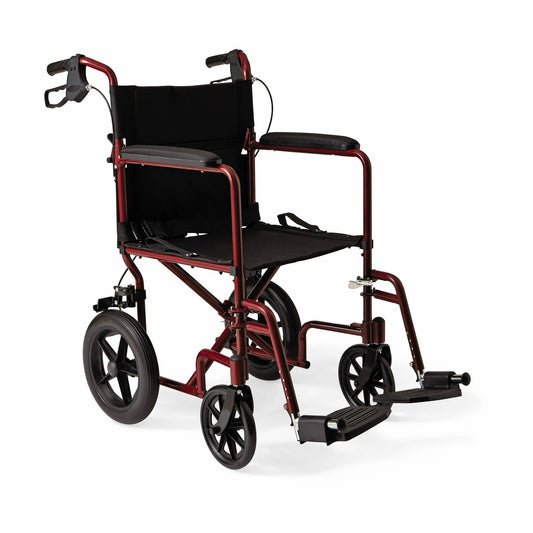 Medline Lightweight Transport Wheelchair with 12" Rear Wheels, Folding Transport Chair, 300lb Weight Capacity, Red Frame