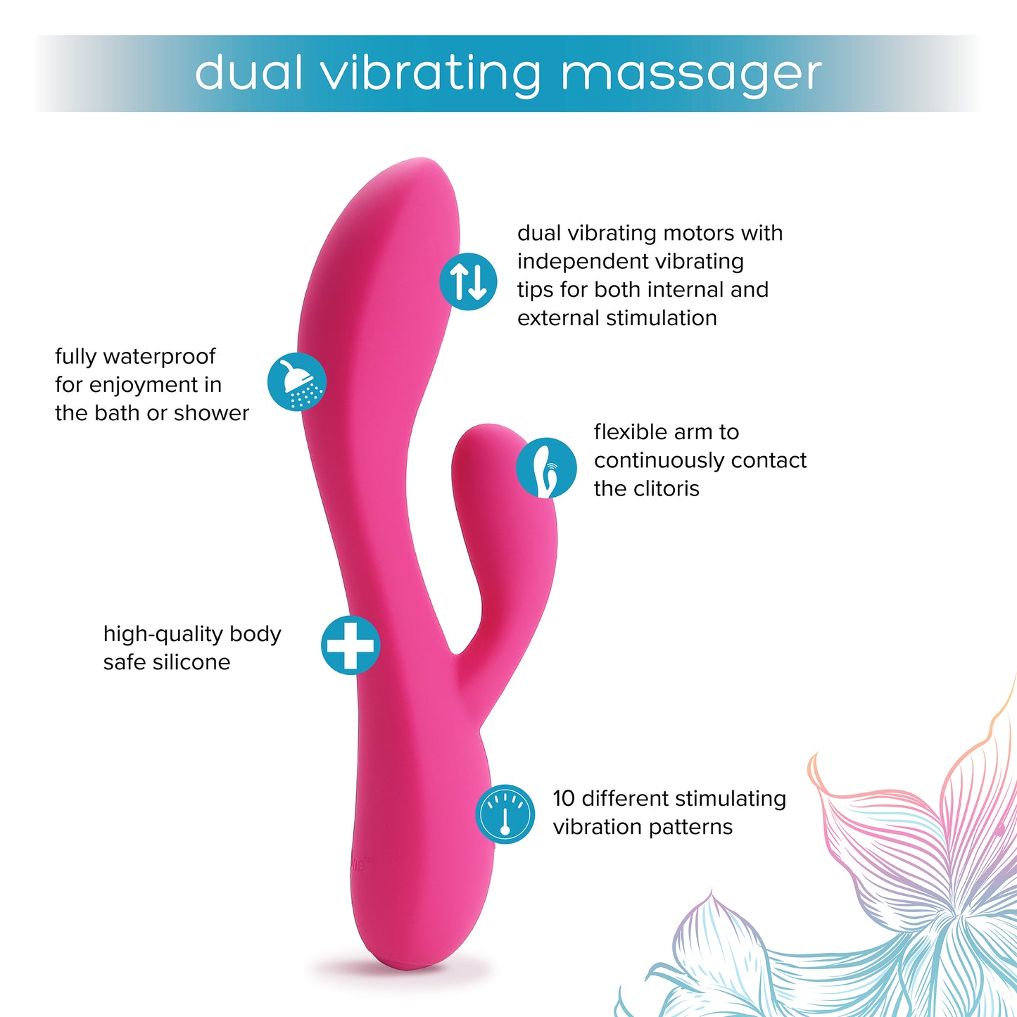 massageador vibrador de silicone plusOne Dual Rabbit Soft Touch, 10 configurações de vibração, à prova d'água, rosa