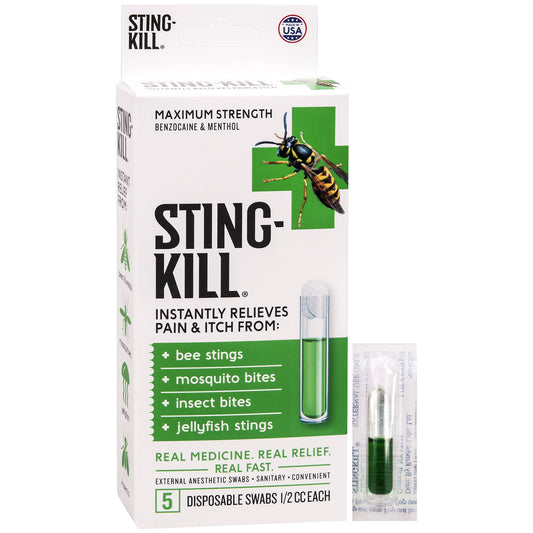 Sting-Kill First Aid Anesthetic Swabs, Instant Pain + Itch Relief From Bee Stings and Bug Bites, 5 Ct