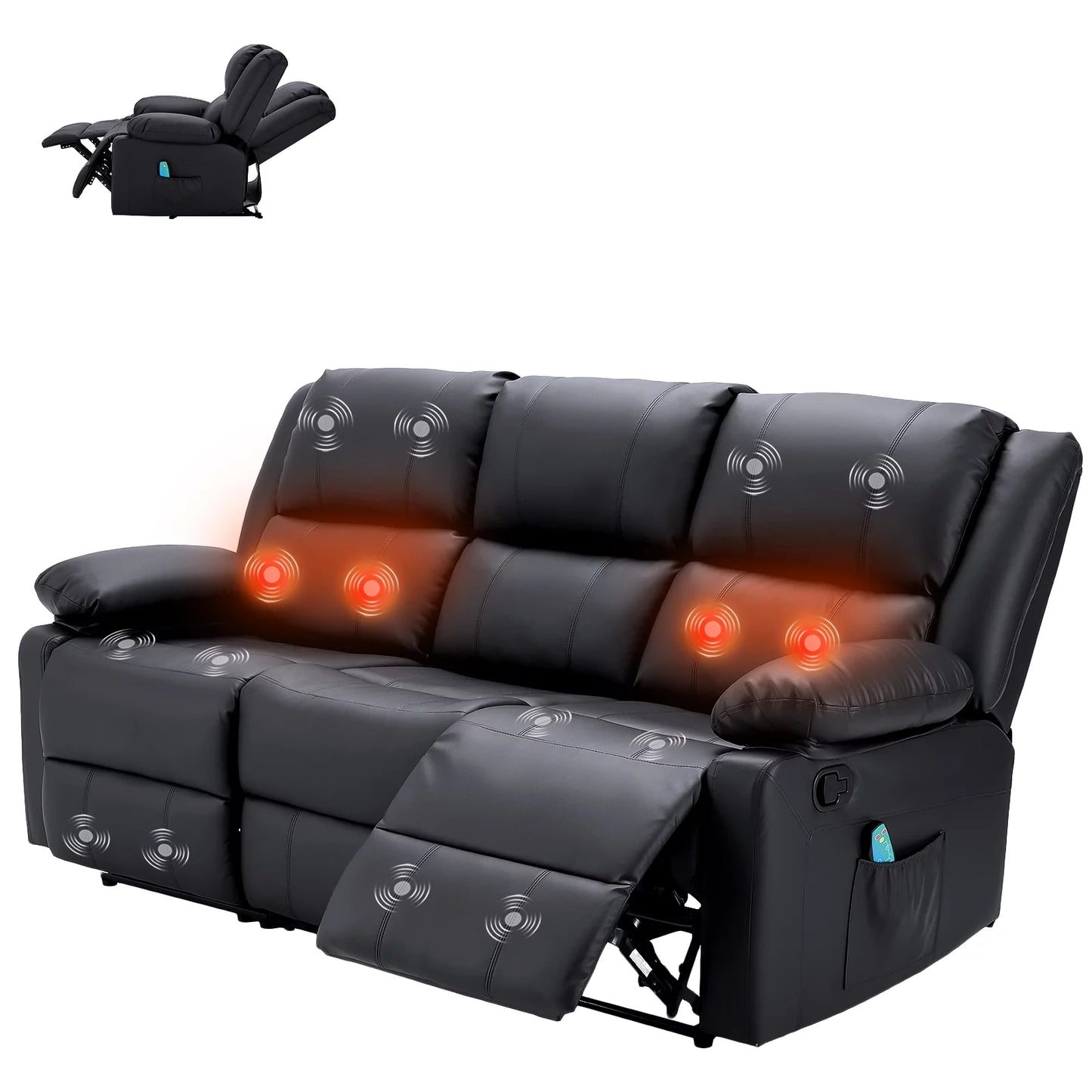 YODOLLA 3 Seat Leather Recliner Sofa with Massage Heated Function, Home Theater Seating Chair in Black