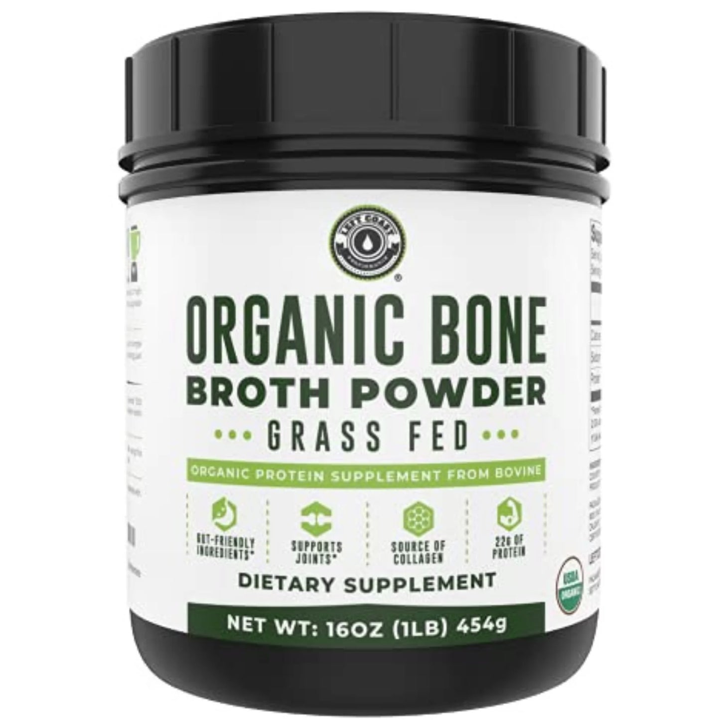 Left Coast Performance Organic Bone Broth Powder | Grass Fed + Keto USDA Organic Protein Powder With Collagen | 21 Servings, 16oz