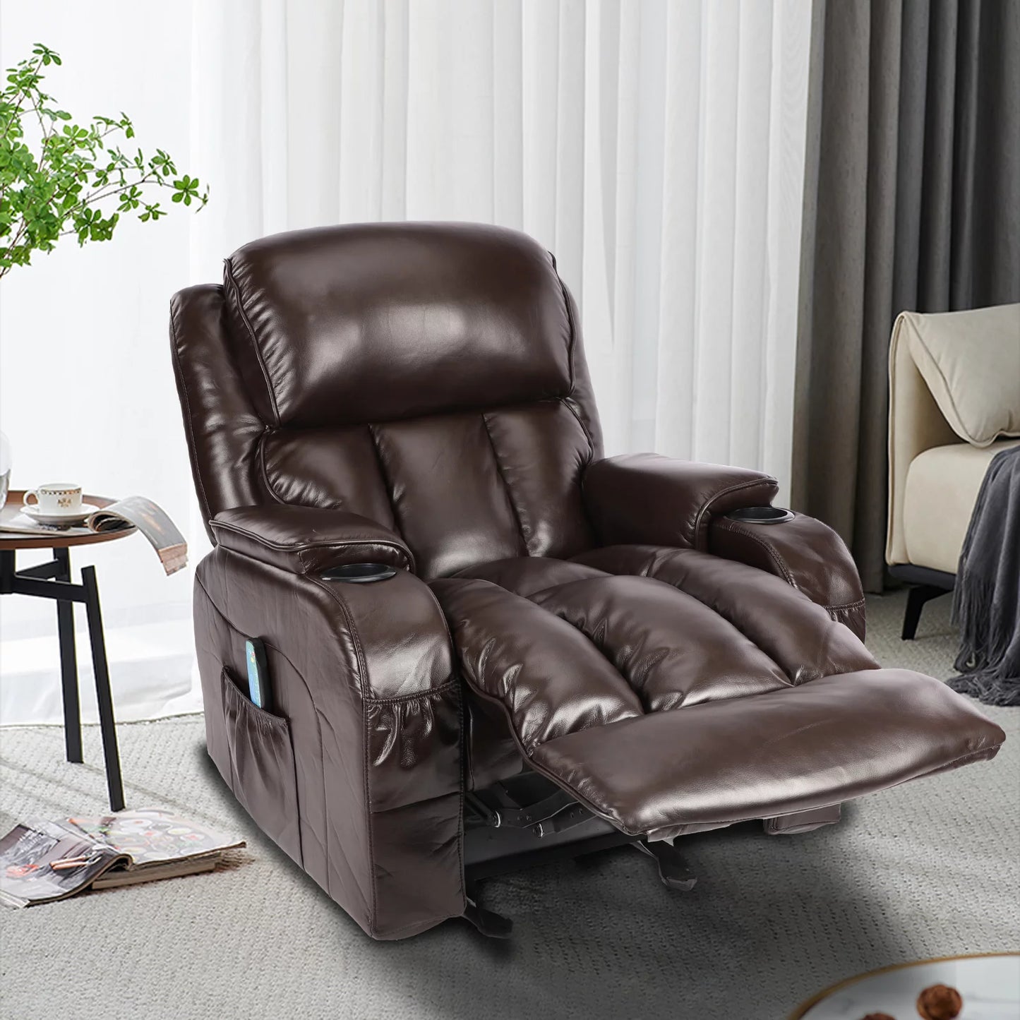 JONPONY Massage Rocker Recliner Chair with Vibration Massage and Heat Ergonomic Lounge Chair for Living Room with Rocking Function and Side Pocket, 2 Cup Holders, USB Charge Port,Brown