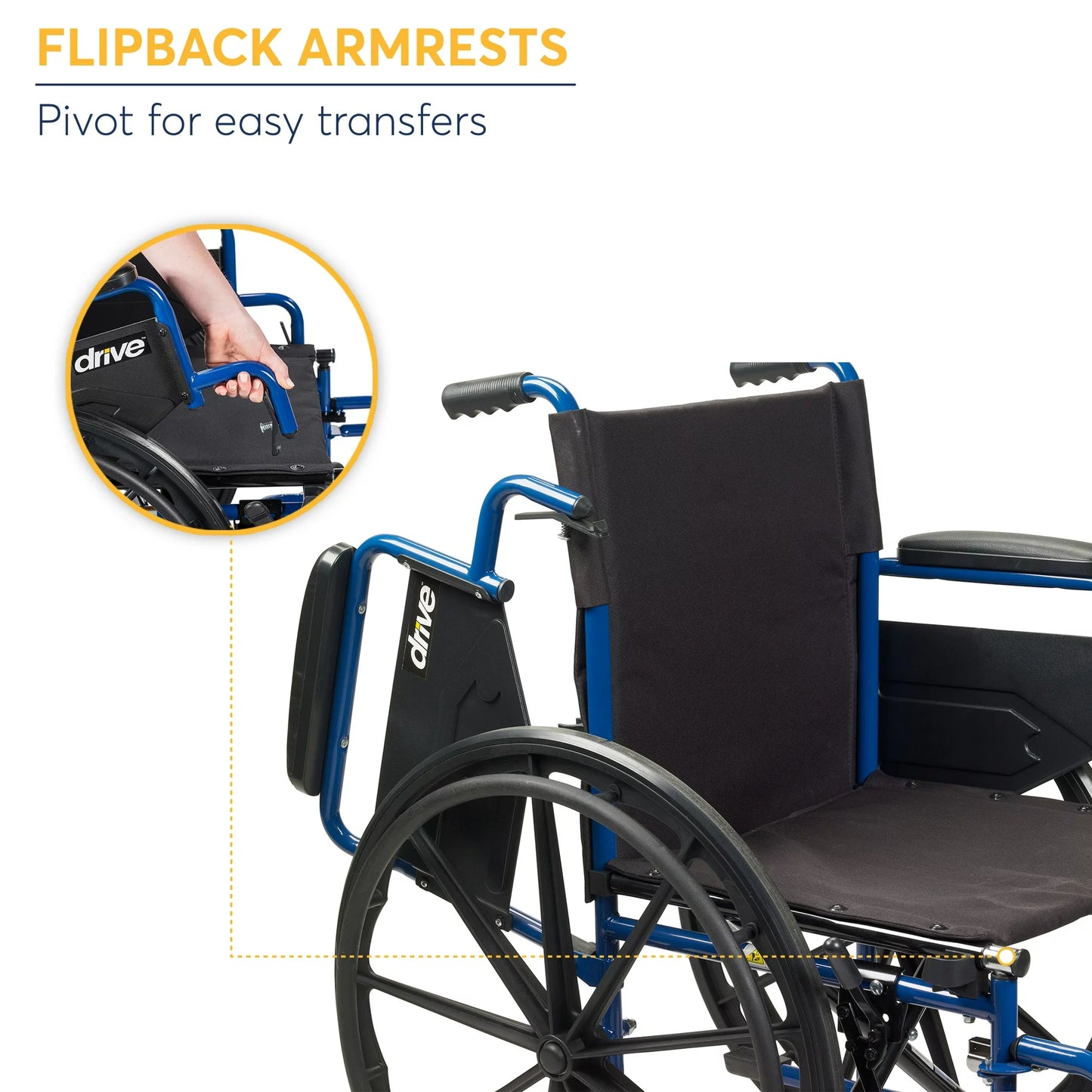 Drive Medical Blue Streak Wheelchair with Flip Back Desk Arms, Swing Away Footrests, 18" Seat