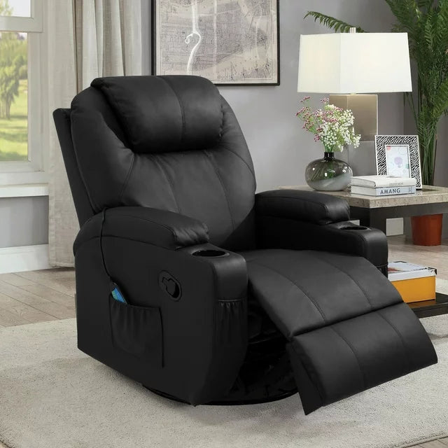 Lacoo Rotary Massage Heated Function Recliner, PU Leather Single Living Room Sofa Seat, Black, 31.75" L x 31" W x 90" H