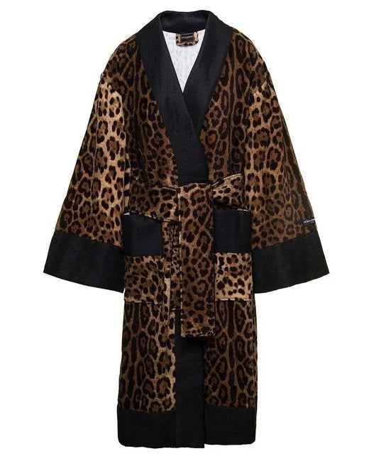 Dolce & Gabbana Women's Black Multicolor Kimono Bathrobe With All-over Leopard Print In Cotton