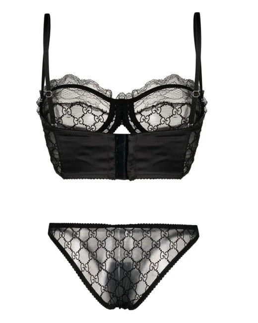 Gucci Women's Black GG Embroidered Lingerie Set