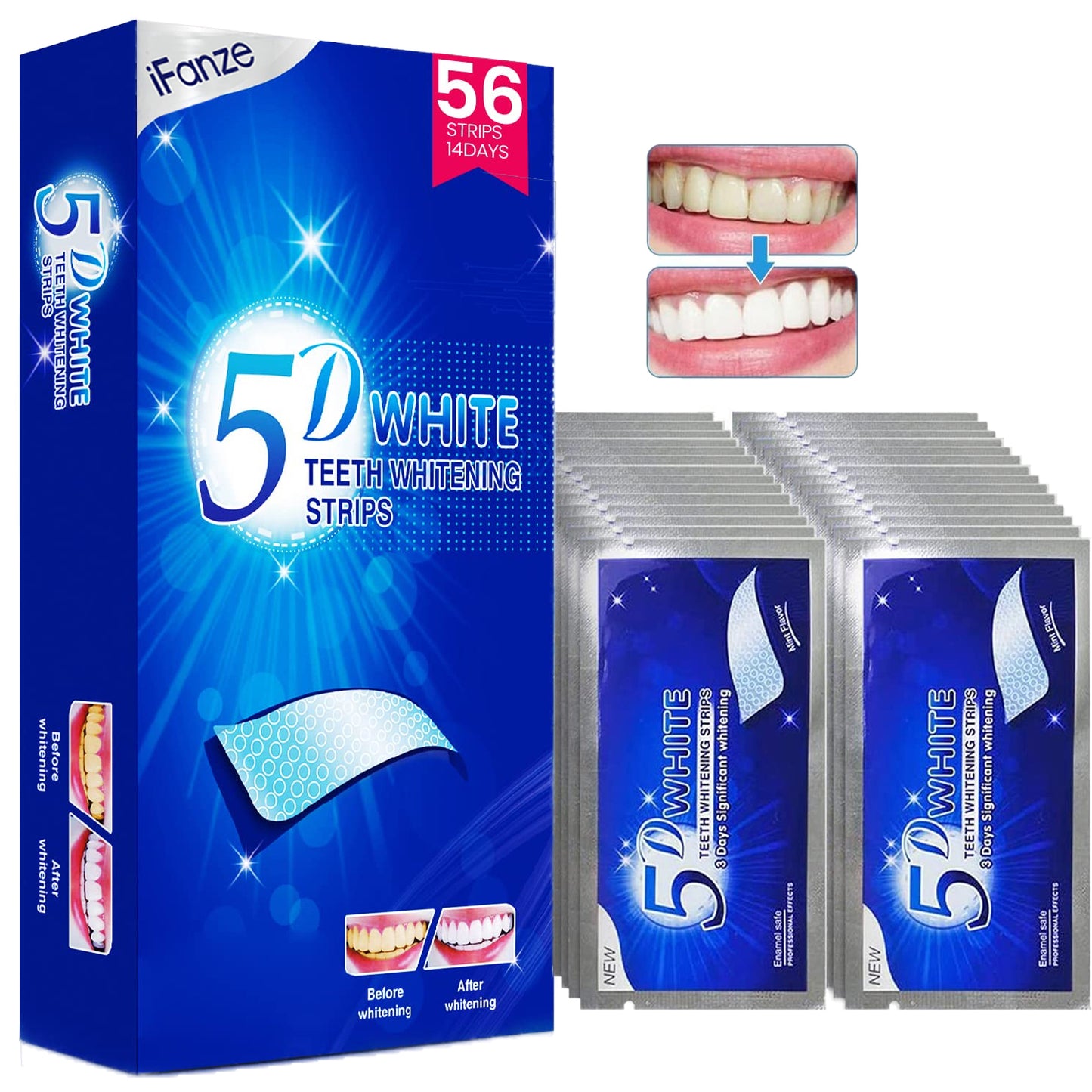 Tiras de clareamento de dentes 5D, kit de clareamento de dentes seguro e eficaz de 56 unidades, tiras de branco reduzem a sensibilidade dos dentes e ajudam a remover manchas de vinho de café fumado, 28 tratamentos