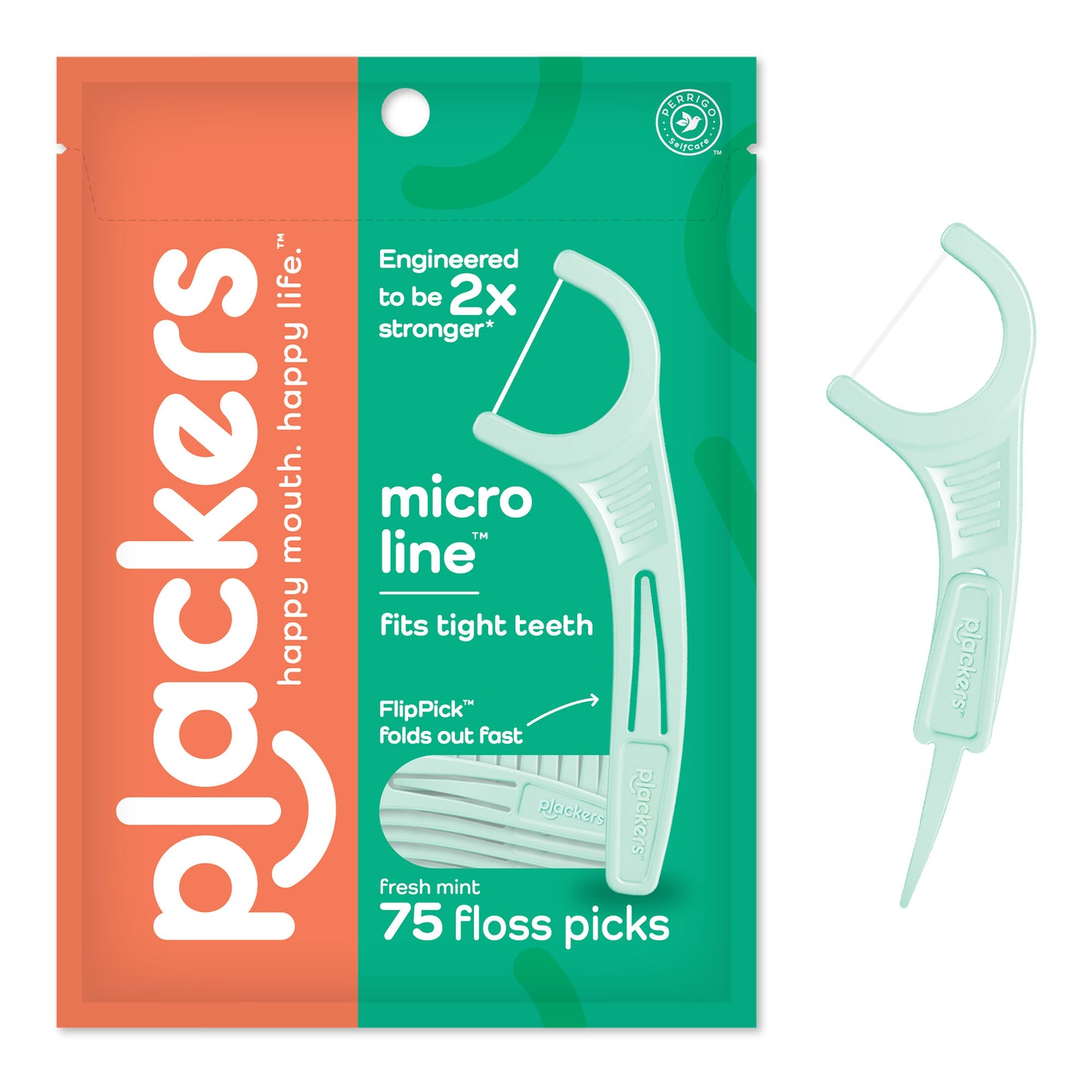 Plackers Micro Line Dental Floss Picks, FlipPick dobrável, Tuffloss, fácil armazenamento com selo Sure-Zip, sabor de menta fresca, 75 contagens