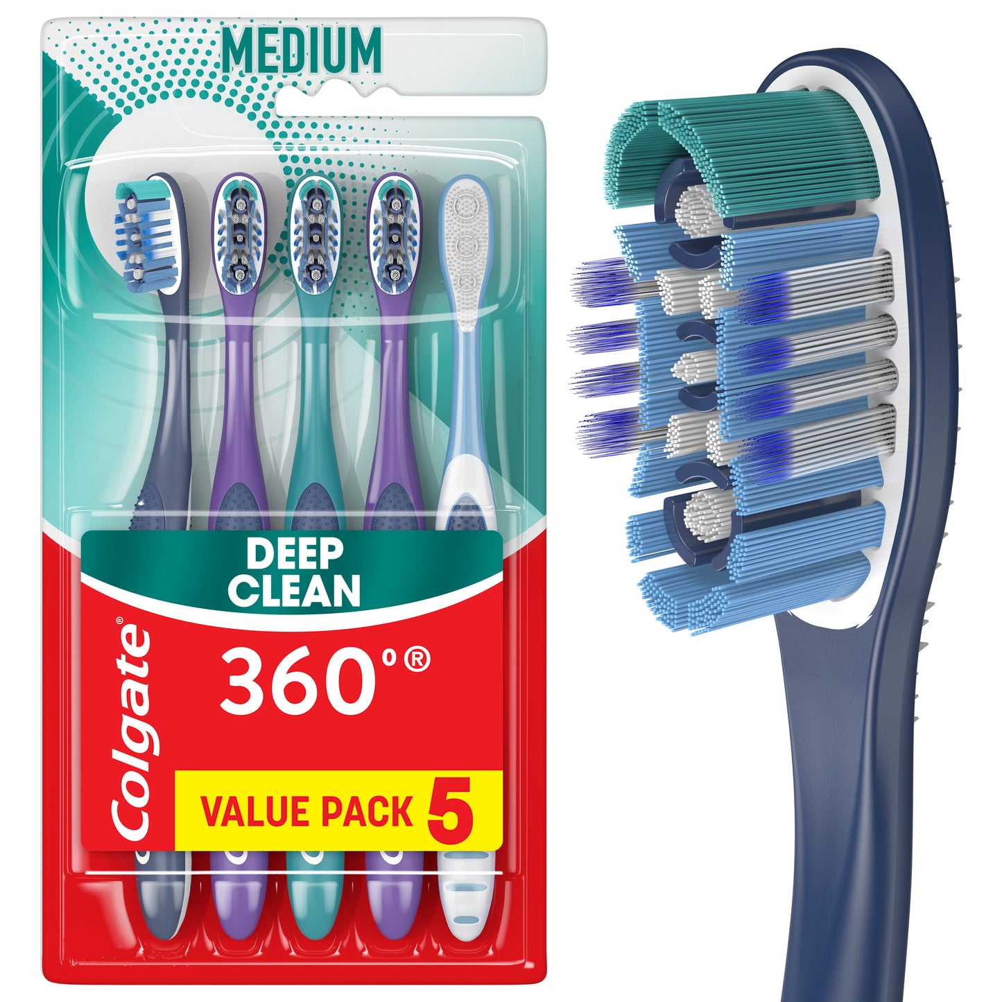 Escova de dentes manual Colgate 360° com limpador de língua e bochechas, média, 5 Ct.