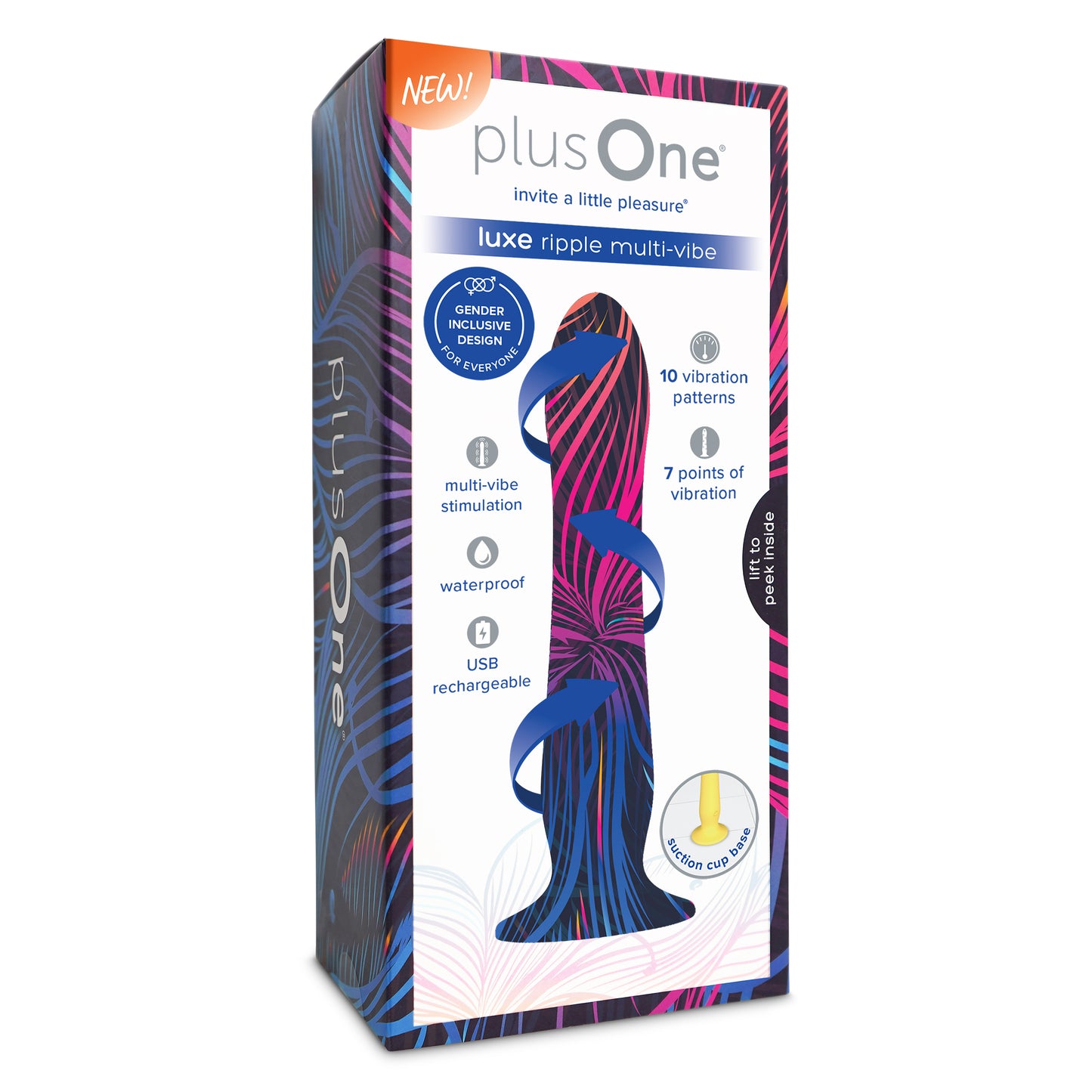 plusOne Luxe Ripple Multi-Vibe Dildo, 10 configurações de vibração, à prova d'água, silicone premium, base de sucção forte