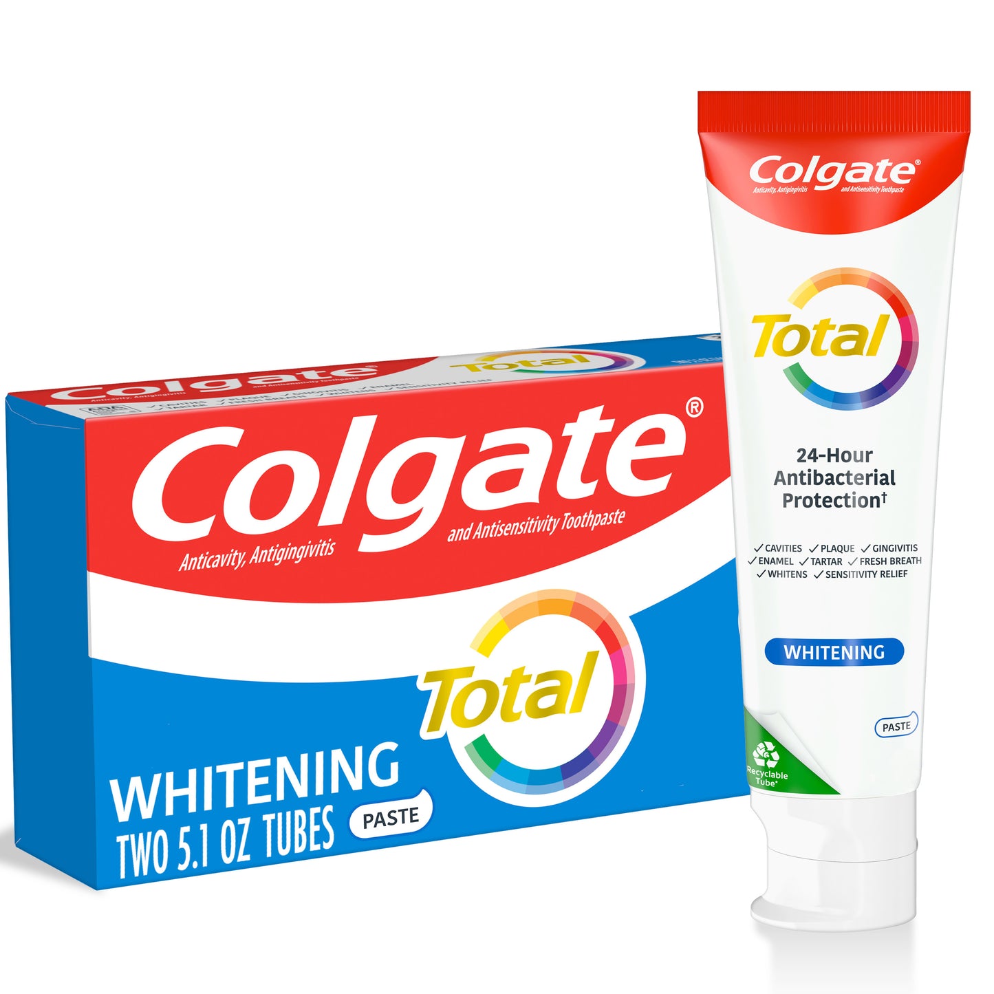 Pasta de dente Colgate Total Whitening, hortelã, pacote de 2, tubos de 5,1 onças