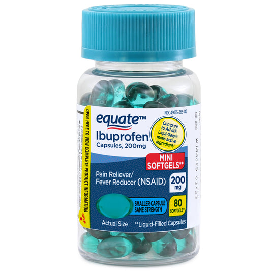 Equate Ibuprofen Mini Softgels, analgésico e redutor de febre, 200 mg, 80 contagens