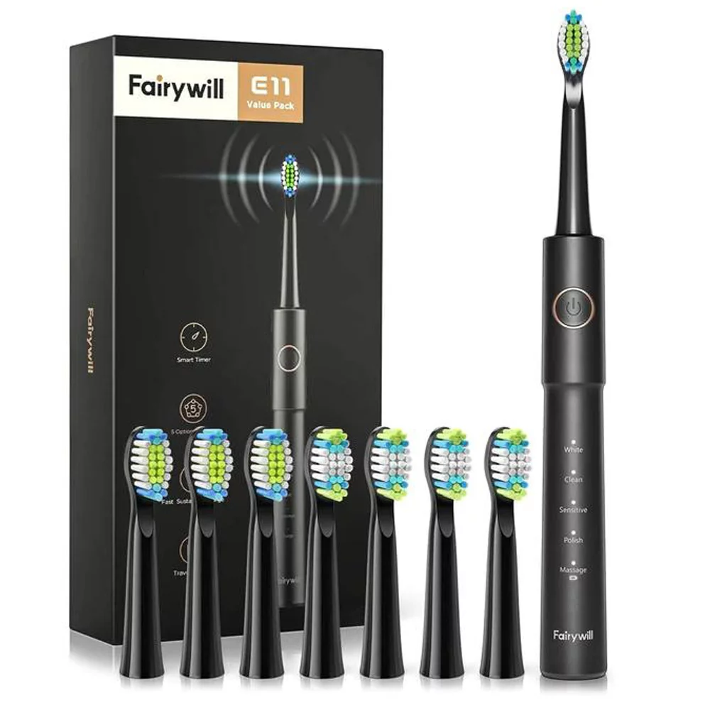 Escova de dentes elétrica Sonic Fairywill E11 com 5 modos para adultos, preta